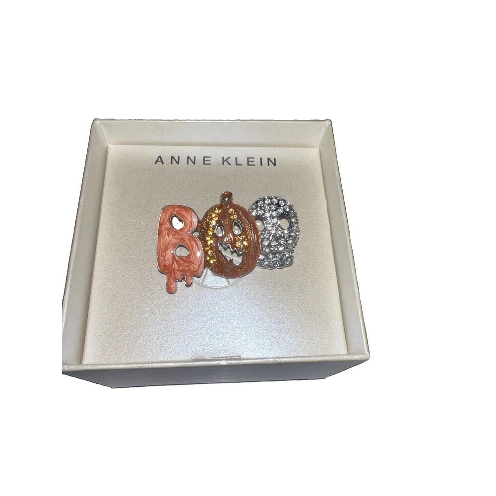 Anne Klein Halloween Brooch Pumpkin Skull BOO Silver-Tone Crystal Enamel Bar Pin